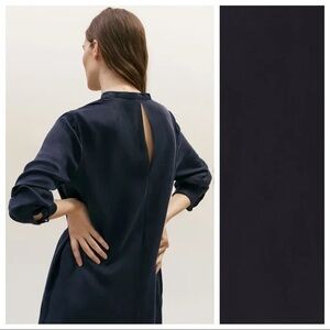 Massimo Dutti Cupro V-Neck Navy Blue Midi Dress